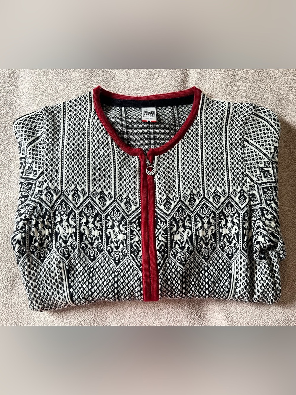 Dale of Norway Black and White Fair Isle Zip-Up Sweater with Red Trim